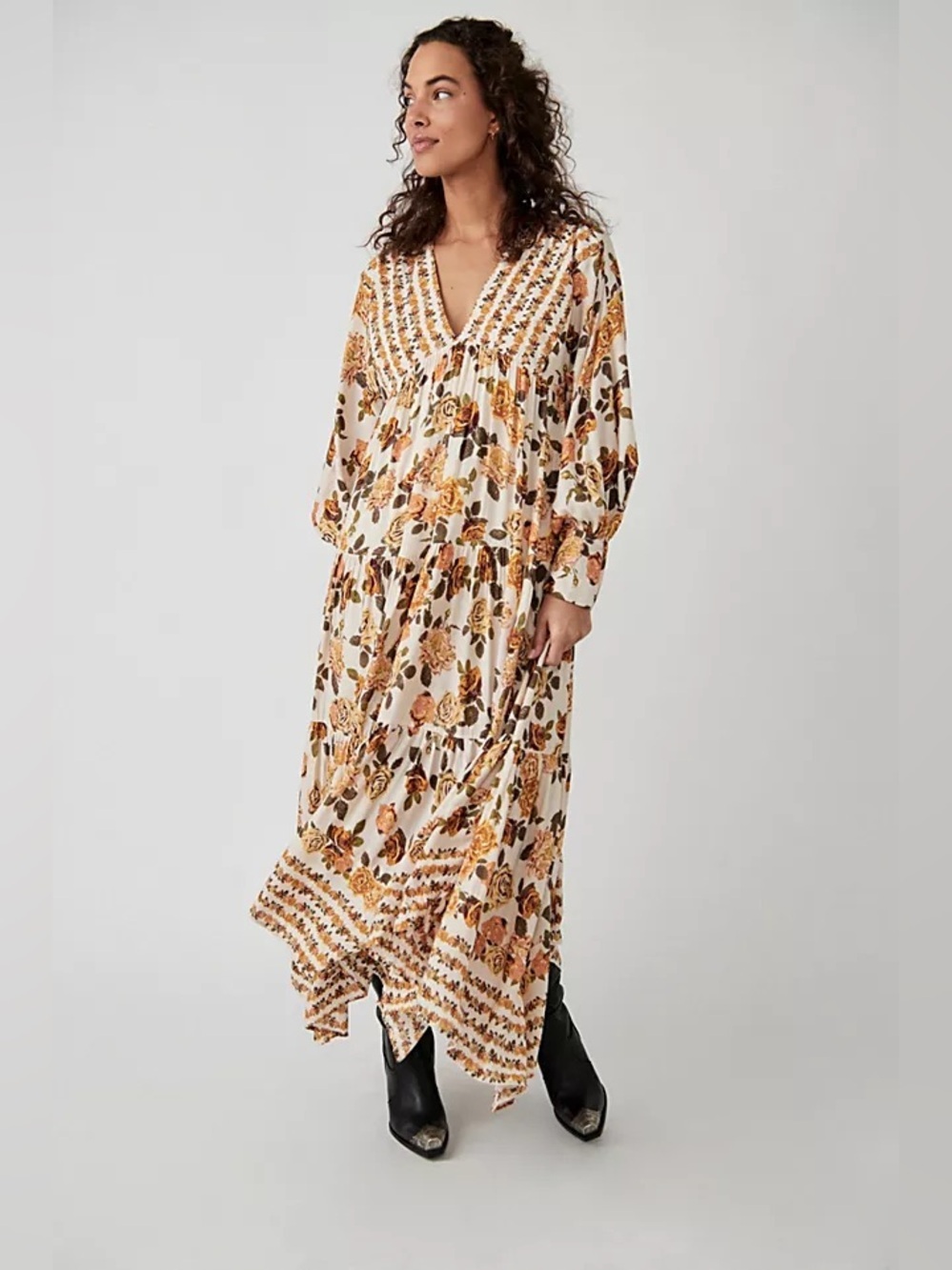 Free People Rose Floral Tiered Maxi Dress Ivory Boho Long Sleeve Womens Sz M NWT